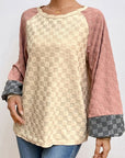 Light Gray Checkered Contrast Round Neck Long Sleeve T-Shirt