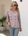 Rosy Brown Printed Tie Neck Flounce Sleeve Blouse Sentient Beauty Fashions Apparel & Accessories