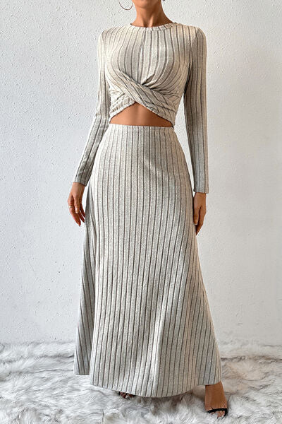 Gray Ribbed Round Neck Top and Skirt Set Sentient Beauty Fashions Apparel &amp; Accessories