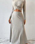 Gray Ribbed Round Neck Top and Skirt Set Sentient Beauty Fashions Apparel & Accessories