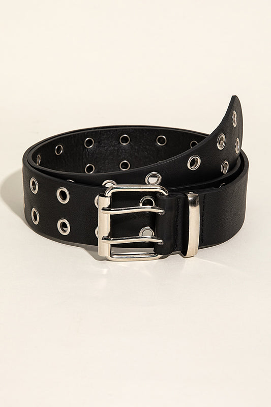 Black Double Row Grommet PU Leather Belt