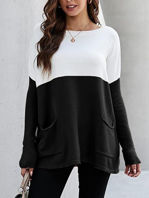 Black Two Tone Pullover Sweater with Pockets Sentient Beauty Fashions Apparel & Accessories