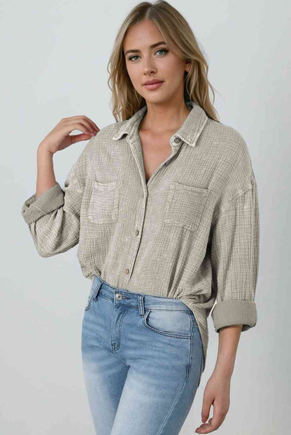 Gray Mineral Wash Crinkle Textured Chest Pockets Shirt