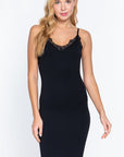 Black ACTIVE BASIC V-Neck Lace Trim Ribbed Cami Dress Sentient Beauty Fashions Apparel & Accessories