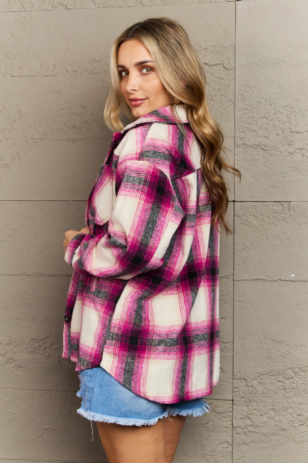 Rosy Brown Zenana By The Fireplace Oversized Plaid Shacket in Magenta Sentient Beauty Fashions Apparel & Accessories