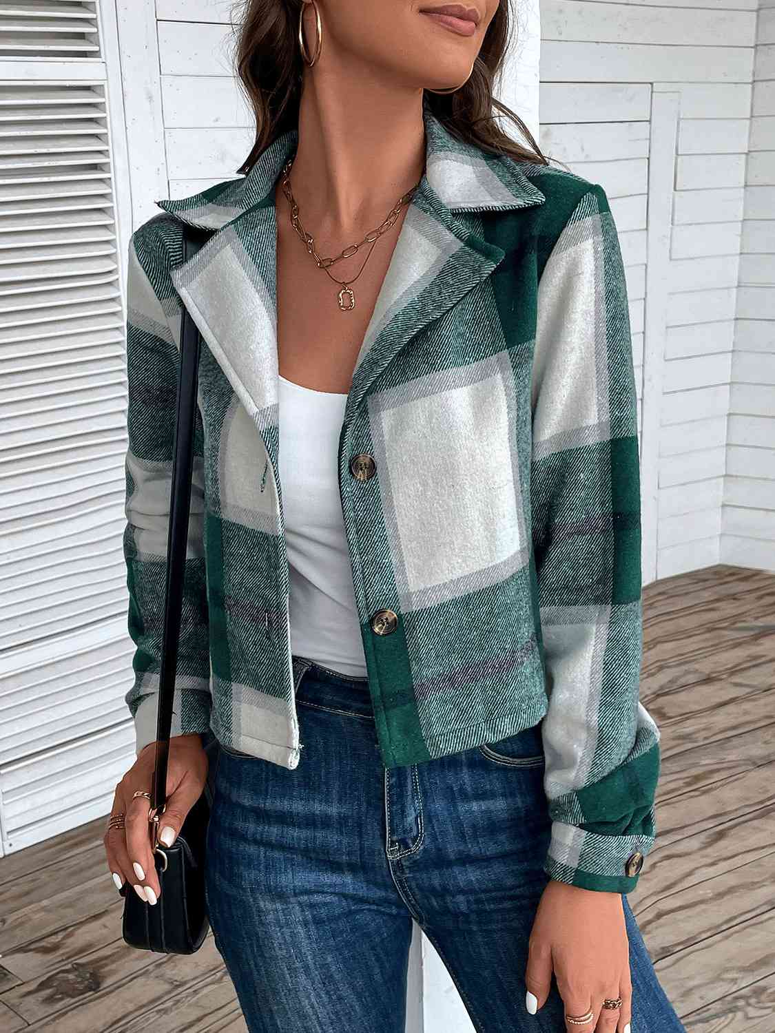 Gray Plaid Collared Neck Button Up Long Sleeve Jacket Sentient Beauty Fashions Apparel & Accessories