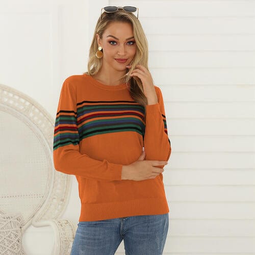 Light Gray Striped Round Neck Long Sleeve Sweater