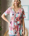 Gray Heimish Full Size Floral V-Neck Short Sleeve Babydoll Blouse Sentient Beauty Fashions Apparel & Accessories