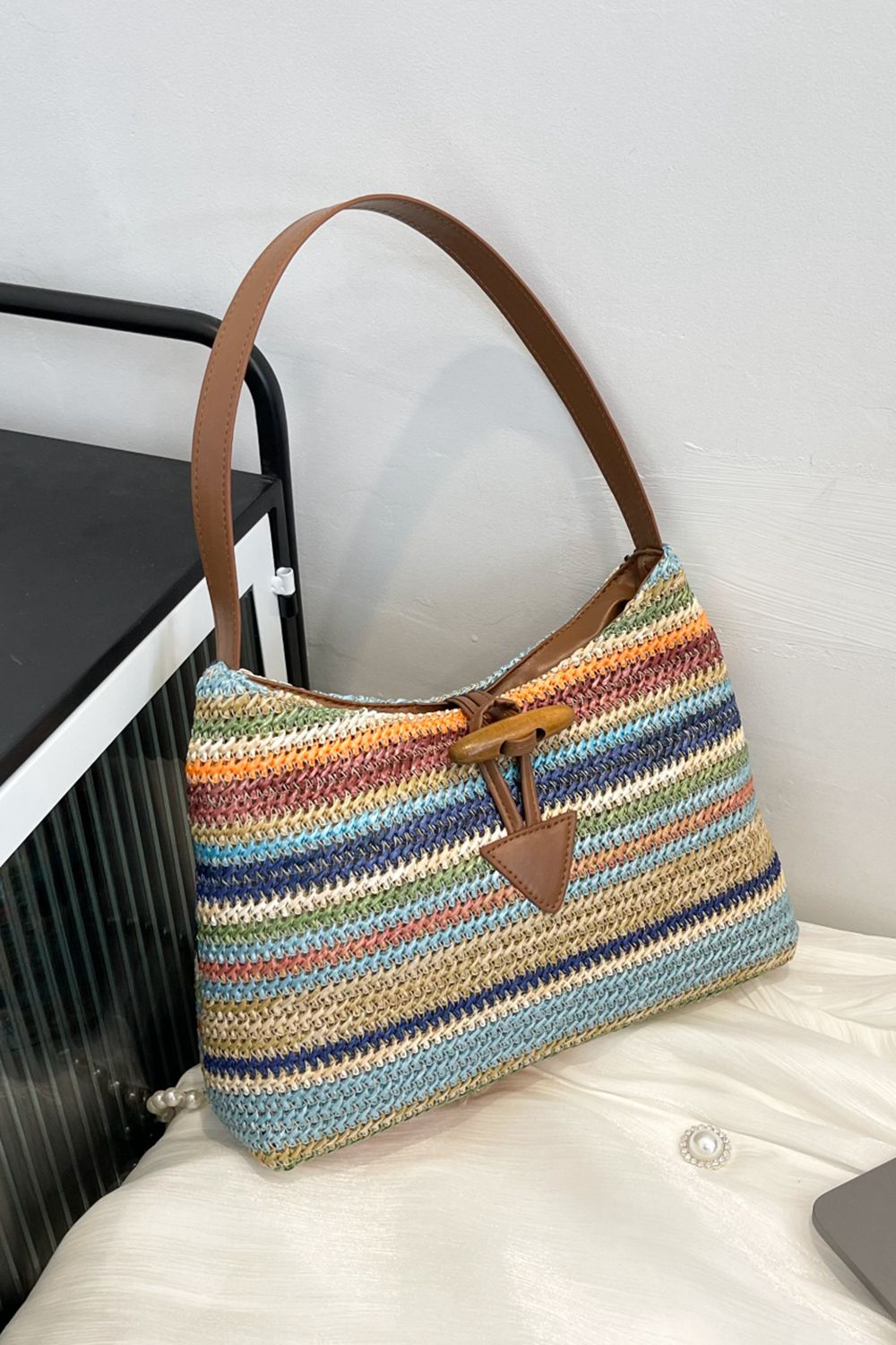 Light Gray Multicolored Straw Shoulder Bag Sentient Beauty Fashions bags