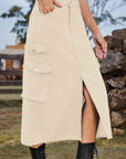 Gray Slit Front Midi Denim Skirt with Pockets Sentient Beauty Fashions Apparel & Accessories