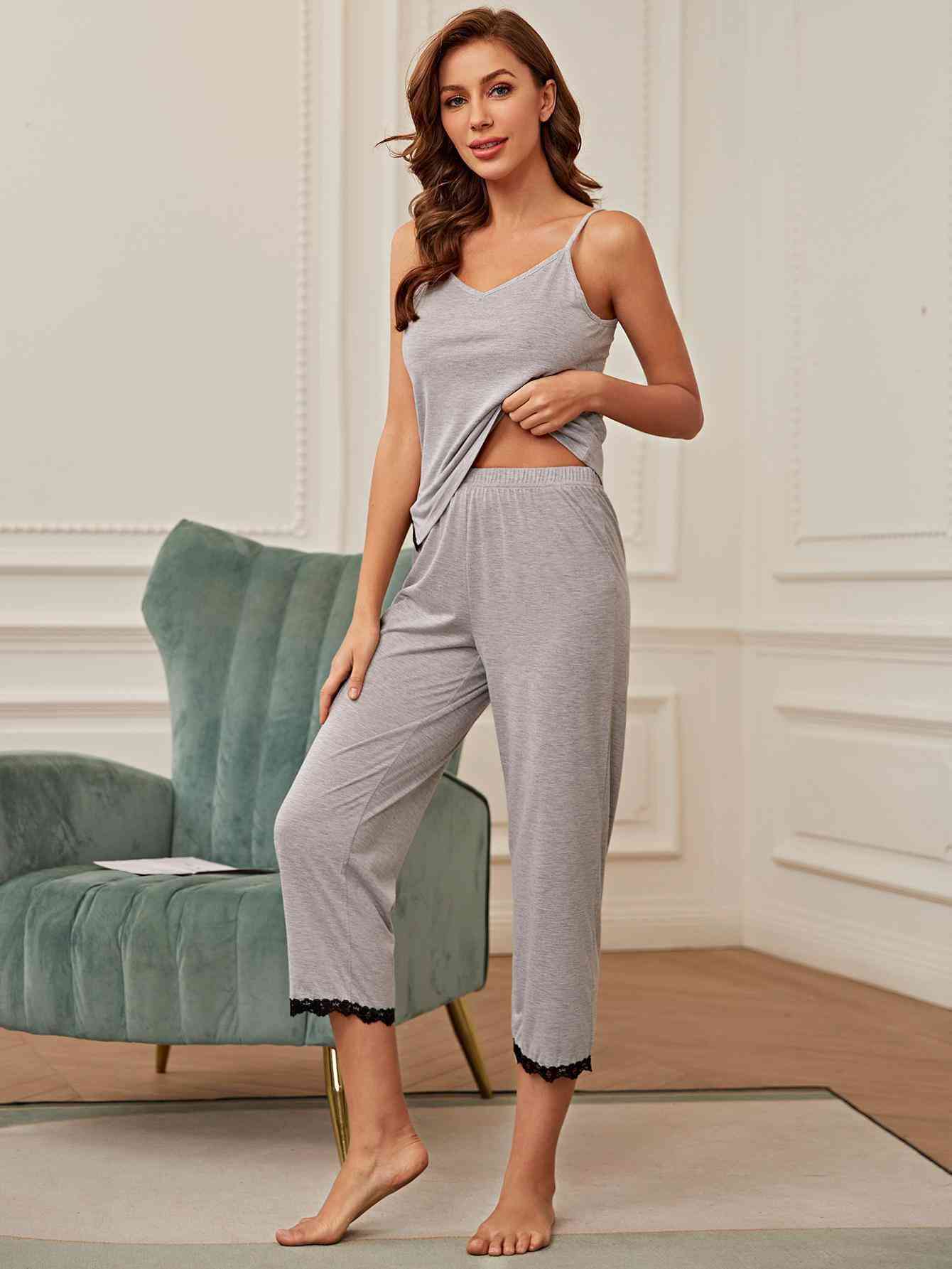 Gray V-Neck Lace Trim Slit Cami and Pants Pajama Set