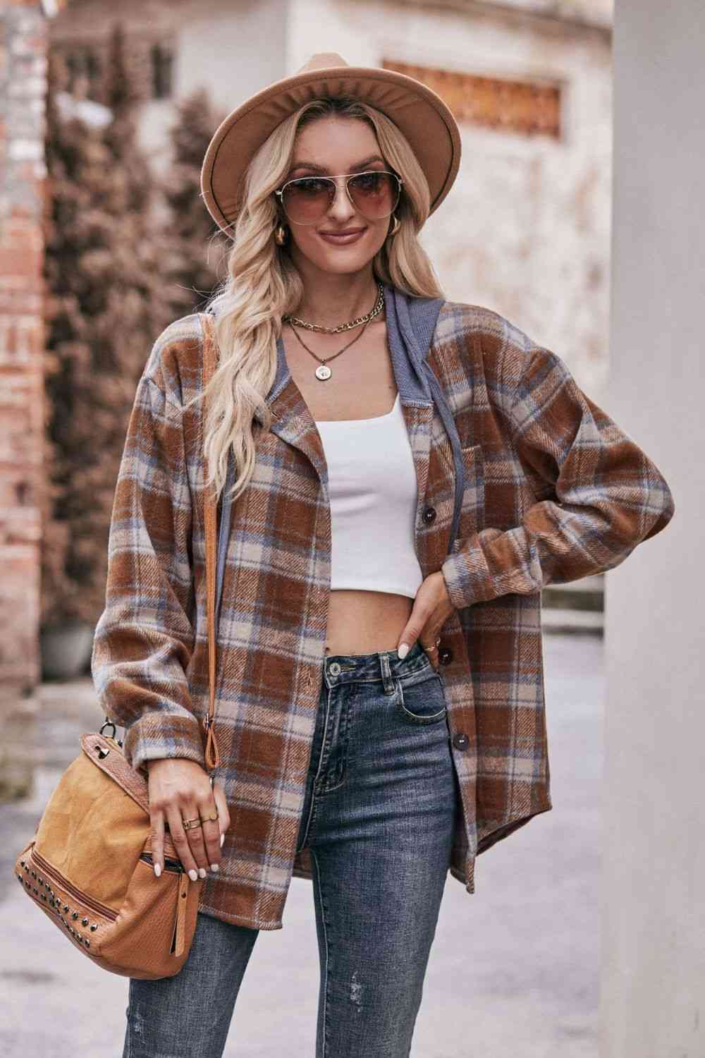 Gray Plaid Dropped Shoulder Hooded Longline Jacket Sentient Beauty Fashions Apparel &amp; Accessories