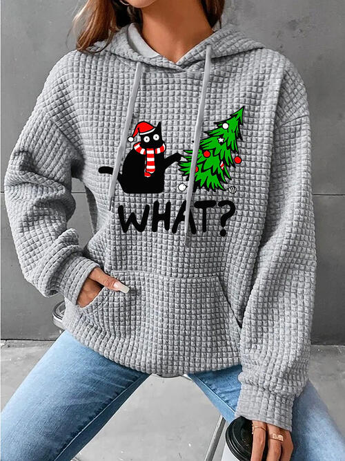 Full Size WHAT Graphic Waffle-Knit Long Sleeve Drawstring Hoodie