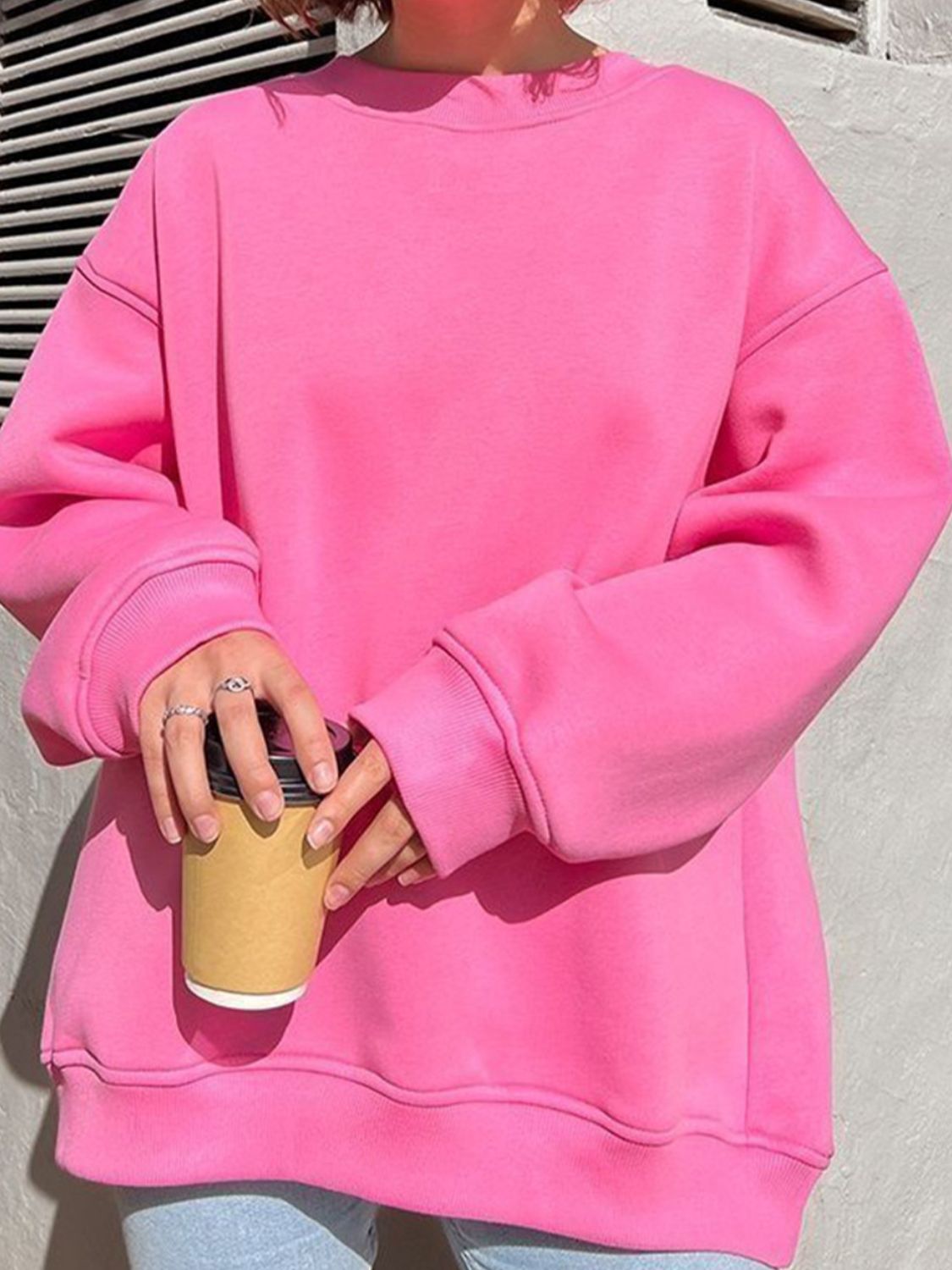 Hot Pink Oversize Round Neck Dropped Shoulder Sweatshirt Sentient Beauty Fashions Apparel & Accessories