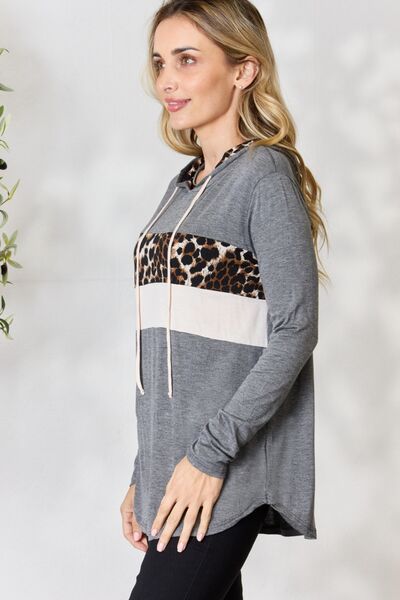 Light Gray BiBi Leopard Color Block Drawstring Hoodie Sentient Beauty Fashions Apparel &amp; Accessories