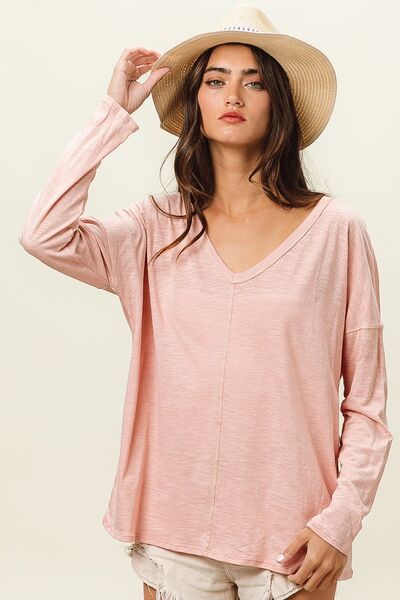 Wheat BiBi Exposed Seam V-Neck Long Sleeve T-Shirt Sentient Beauty Fashions Apparel & Accessories