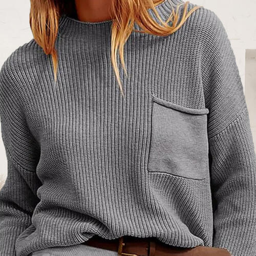Dim Gray Ribbed Dropped Shoulder Sweater with Pocket Sentient Beauty Fashions Tops