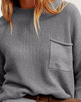 Dim Gray Ribbed Dropped Shoulder Sweater with Pocket Sentient Beauty Fashions Tops