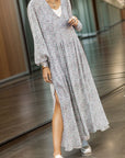 Dim Gray Slit Printed Tie Neck Long Sleeve Dress Sentient Beauty Fashions Apparel & Accessories