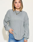 Light Gray Basic Bae Full Size Ribbed Round Neck Long Sleeve T-Shirt Sentient Beauty Fashions Apparel & Accessories