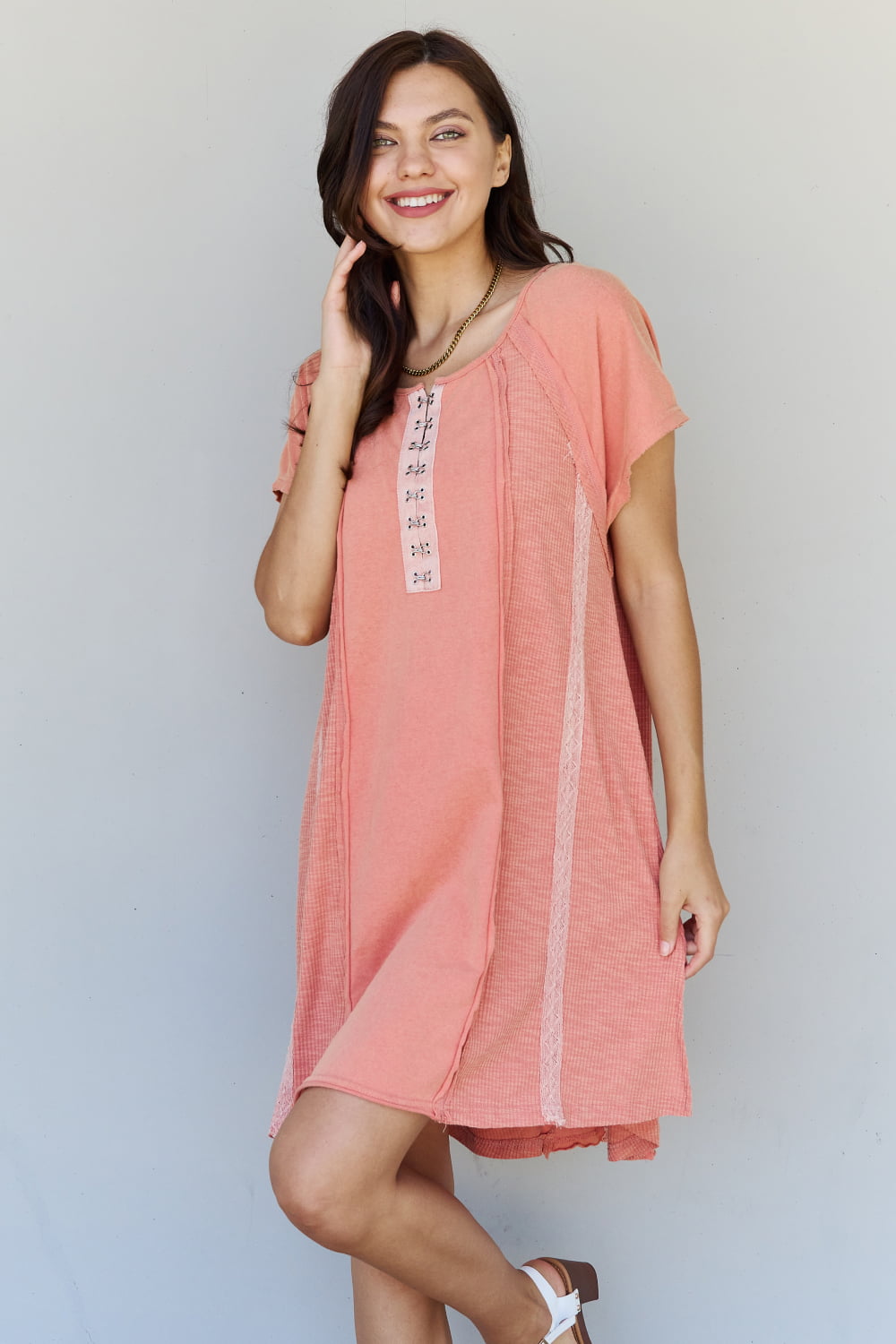 POL All Day Comfort Front Hook Contrast T-Shirt Dress in Blush Red