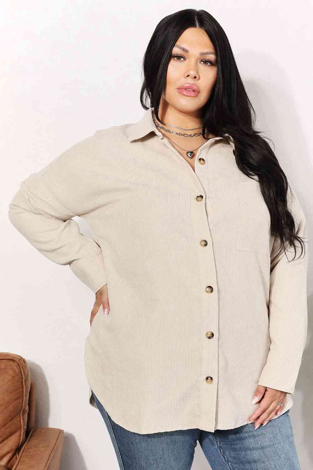 Light Gray HEYSON Full Size Oversized Corduroy  Button-Down Tunic Shirt with Bust Pocket Sentient Beauty Fashions Apparel & Accessories