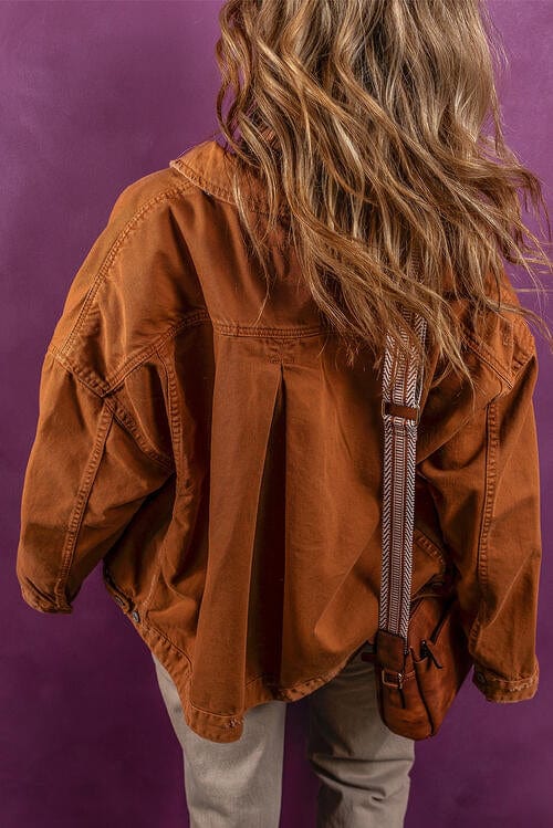 Saddle Brown Collared Neck Button-Up Denim Jacket Sentient Beauty Fashions jackets