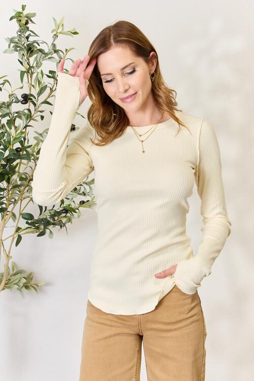 Light Gray Culture Code Full Size Ribbed Round Neck Long Sleeve Top Sentient Beauty Fashions Apparel &amp; Accessories