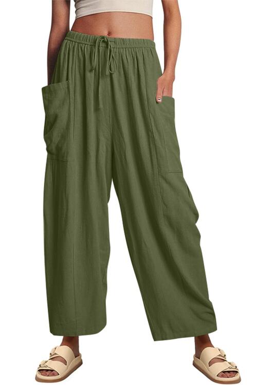 Dark Olive Green Drawstring Pocketed Wide Leg Pant Sentient Beauty Fashions Apparel &amp; Accessories