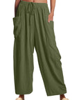 Dark Olive Green Drawstring Pocketed Wide Leg Pant Sentient Beauty Fashions Apparel & Accessories