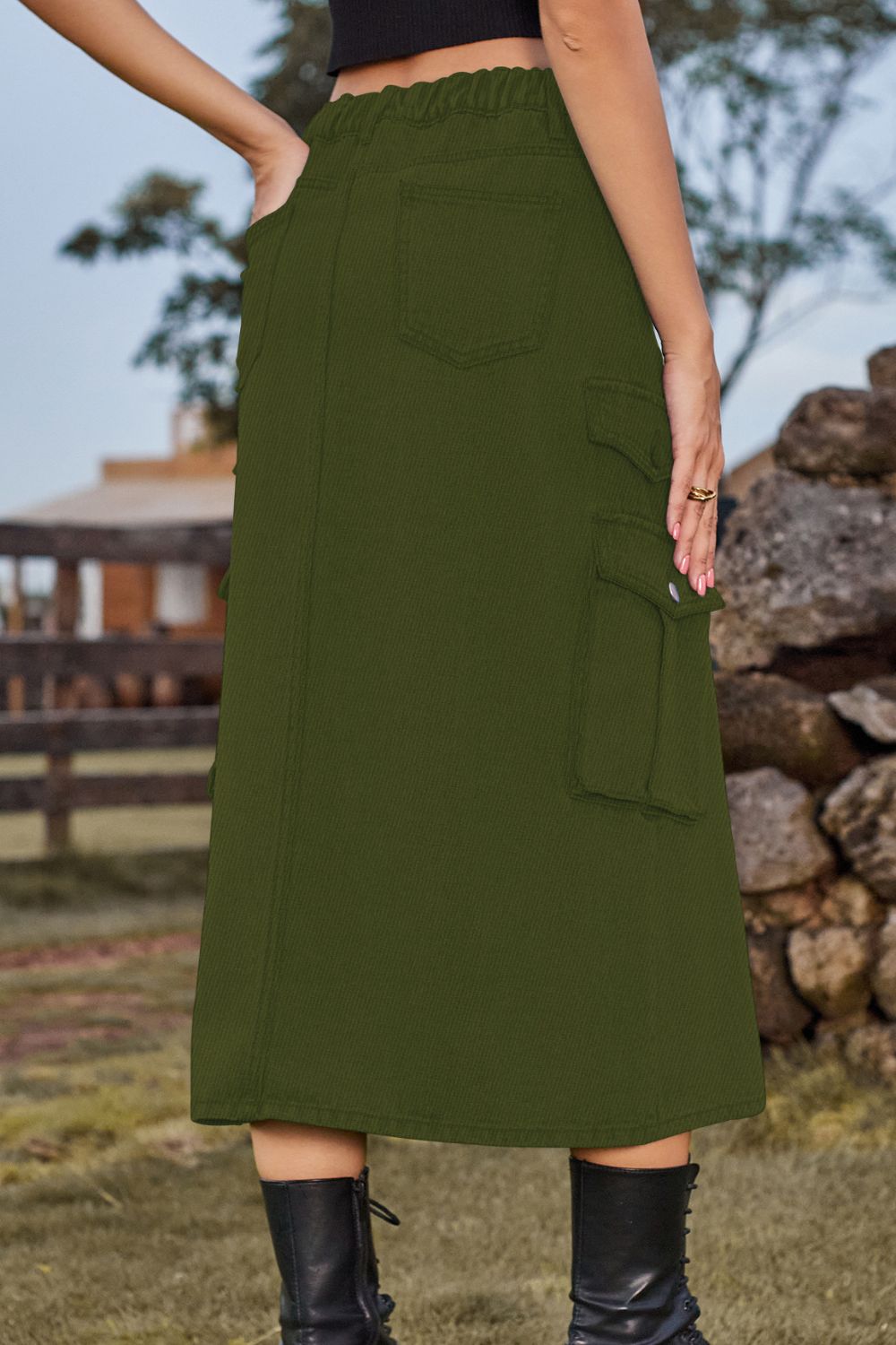Dark Slate Gray Slit Front Midi Denim Skirt with Pockets Sentient Beauty Fashions Apparel &amp; Accessories