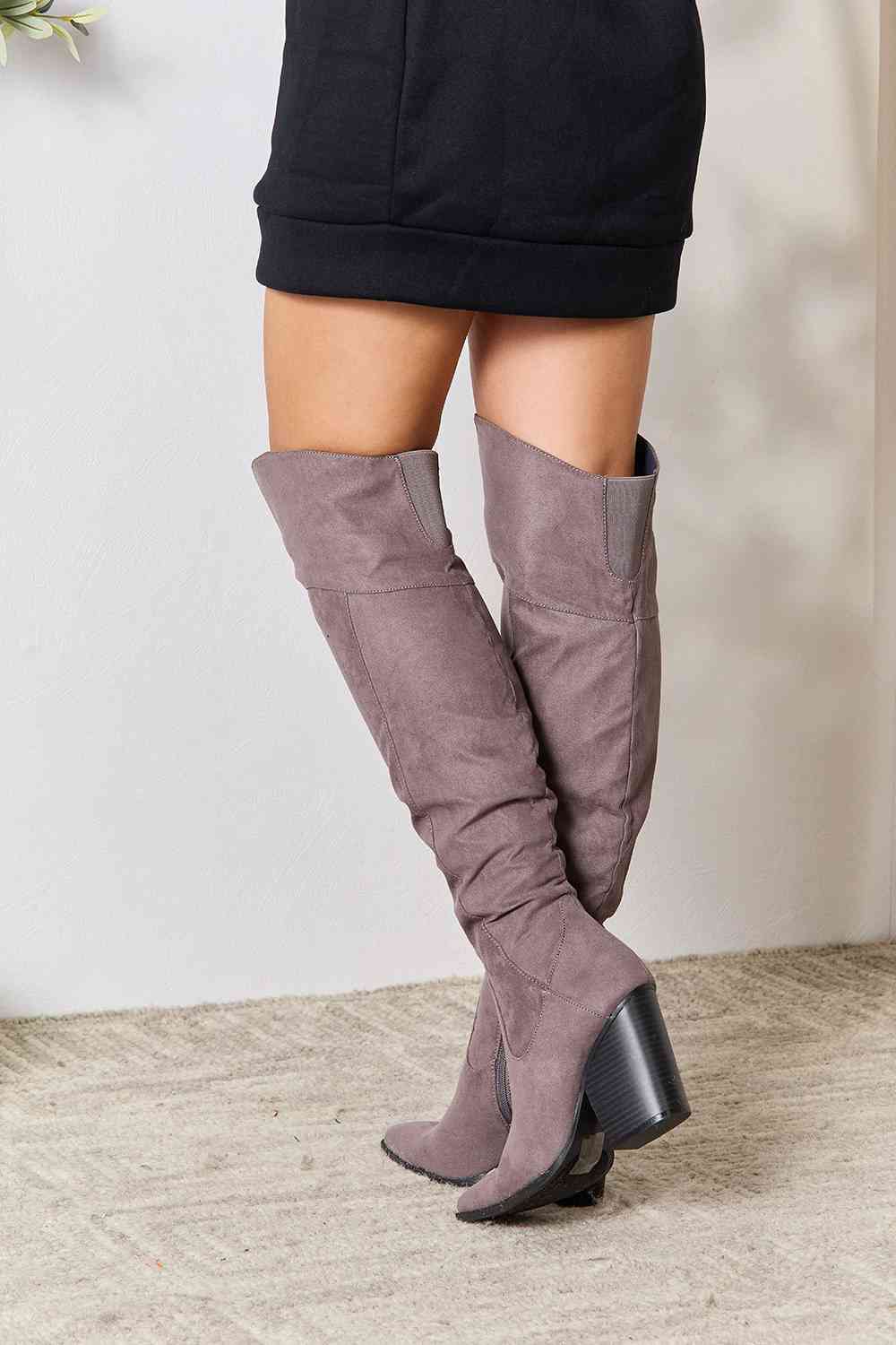 Gray East Lion Corp Block Heel Knee High Boots Sentient Beauty Fashions Shoes