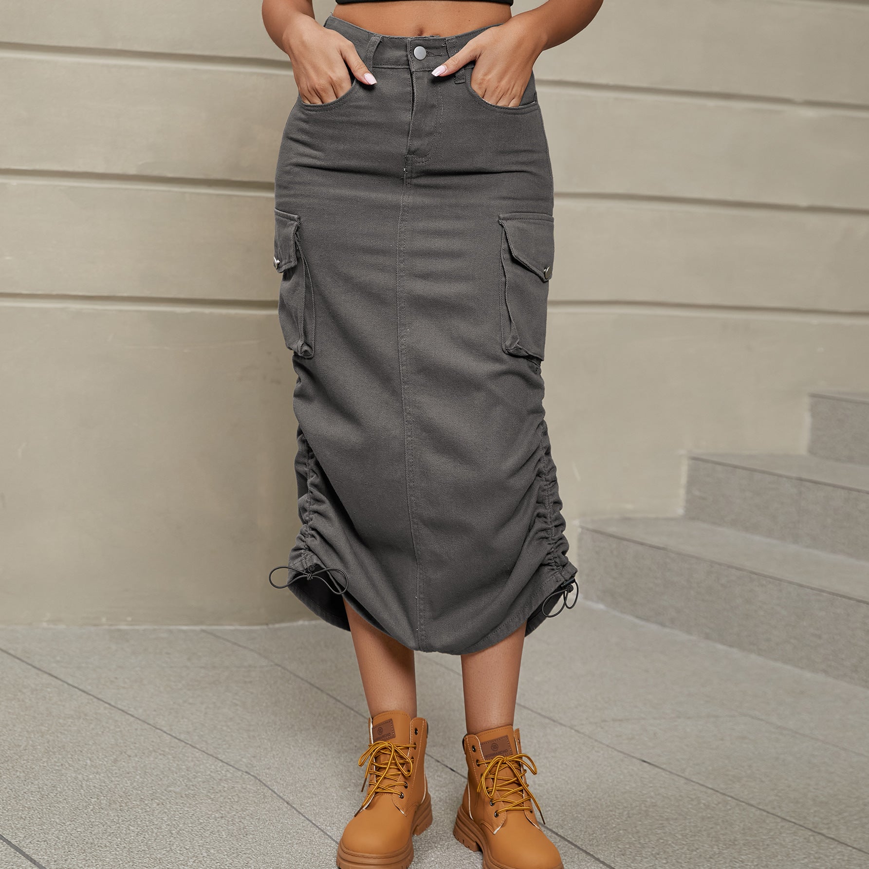Rosy Brown Drawstring Ruched Slit Denim Midi Skirt