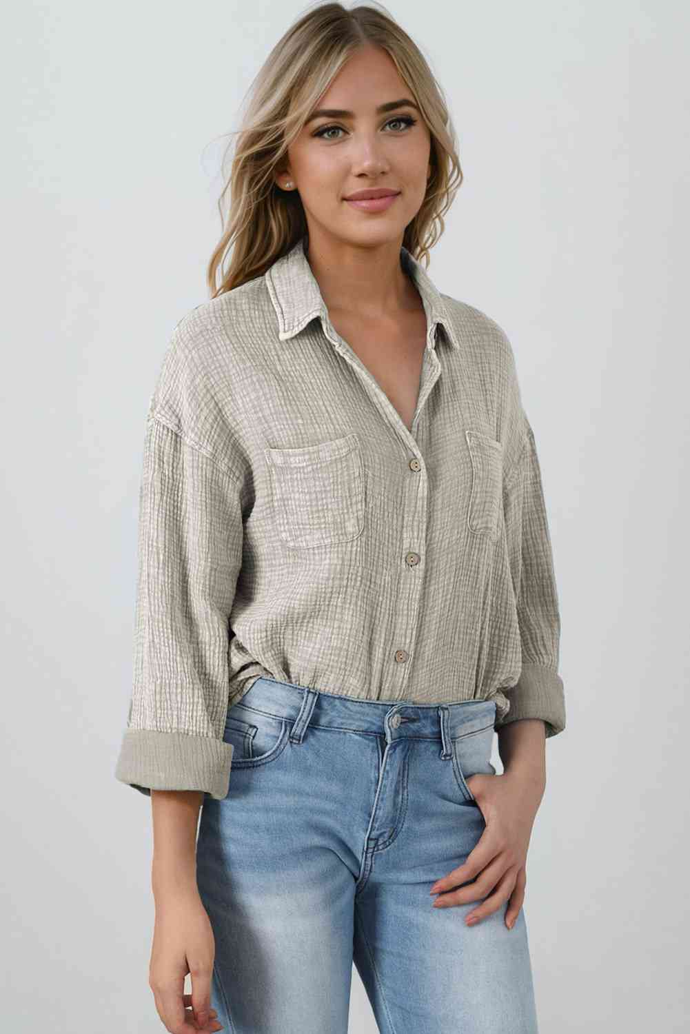 Light Gray Mineral Wash Crinkle Textured Chest Pockets Shirt