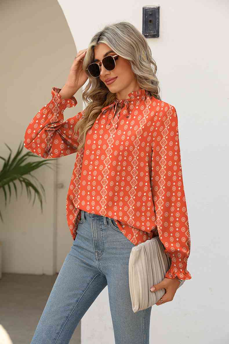 Gray Printed Tie Neck Flounce Sleeve Blouse Sentient Beauty Fashions Apparel &amp; Accessories