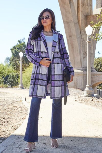 Gray Double Take Full Size Plaid Button Up Lapel Collar Coat Sentient Beauty Fashions Apparel &amp; Accessories