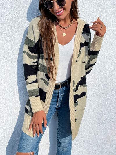 Light Gray Camouflaged Dropped Shoulder Open Front Cardigan Sentient Beauty Fashions Apparel &amp; Accessories