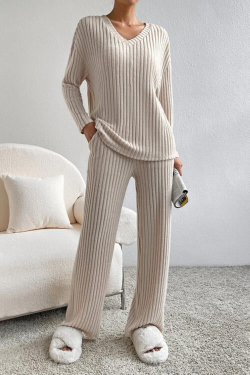 Gray Ribbed V-Neck Top and Pants Set Sentient Beauty Fashions Apparel &amp; Accessories