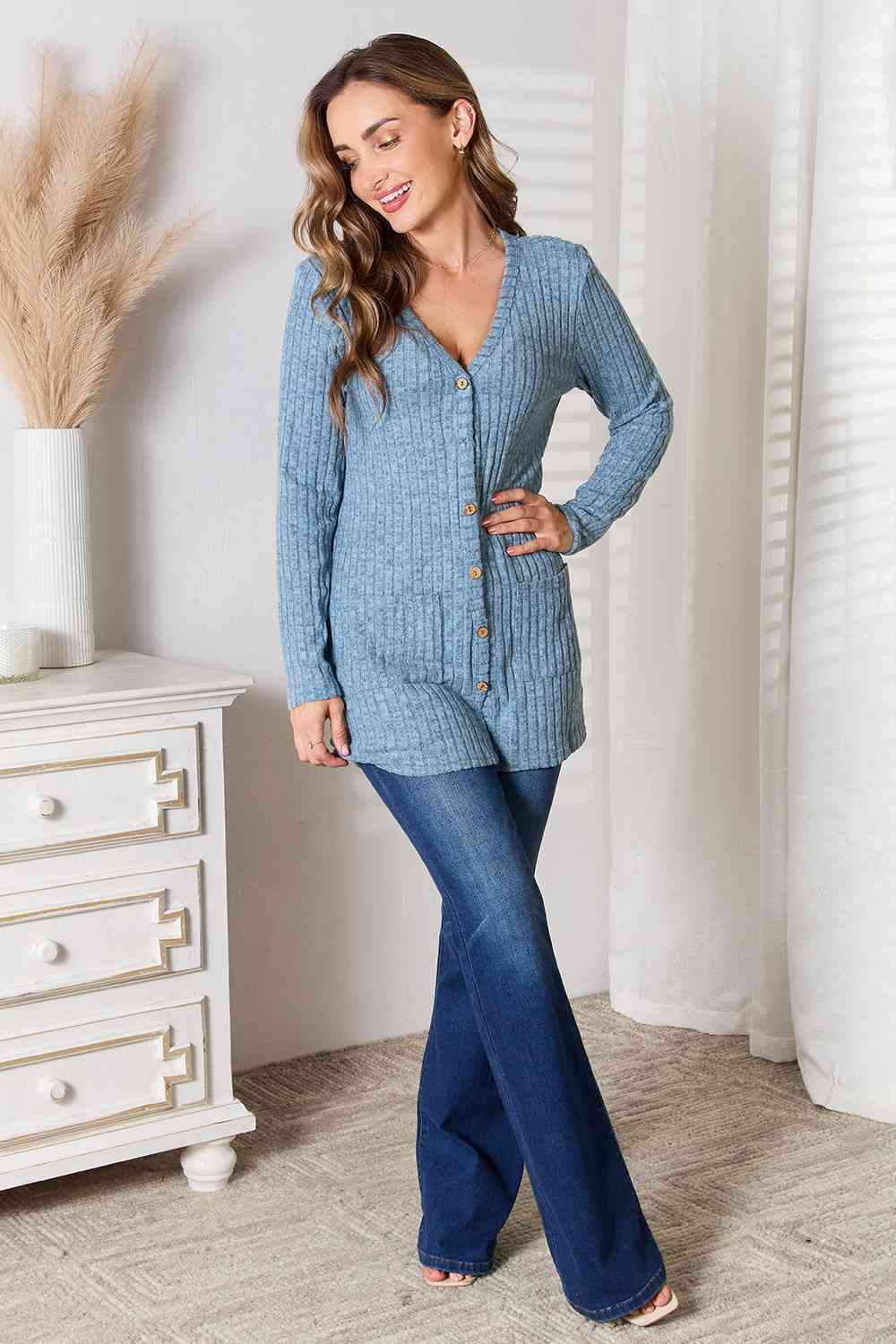 Gray Double Take Ribbed Button-Up Cardigan with Pockets Sentient Beauty Fashions Apparel &amp; Accessories