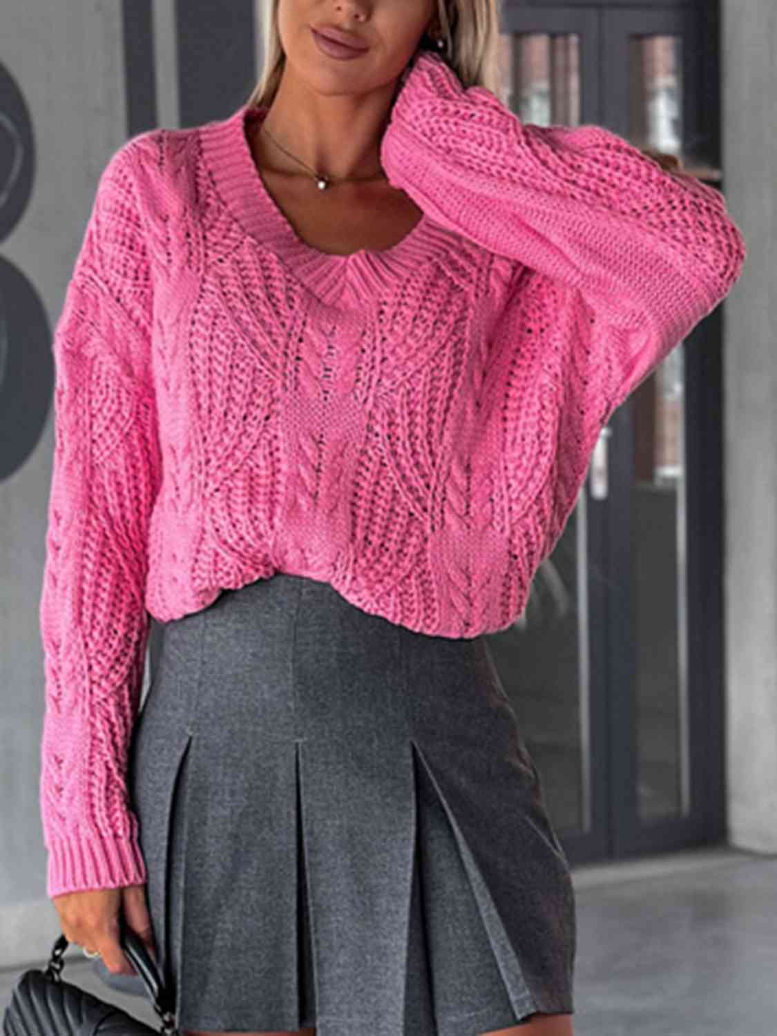 Dim Gray V-Neck Cable-Knit Long Sleeve Sweater