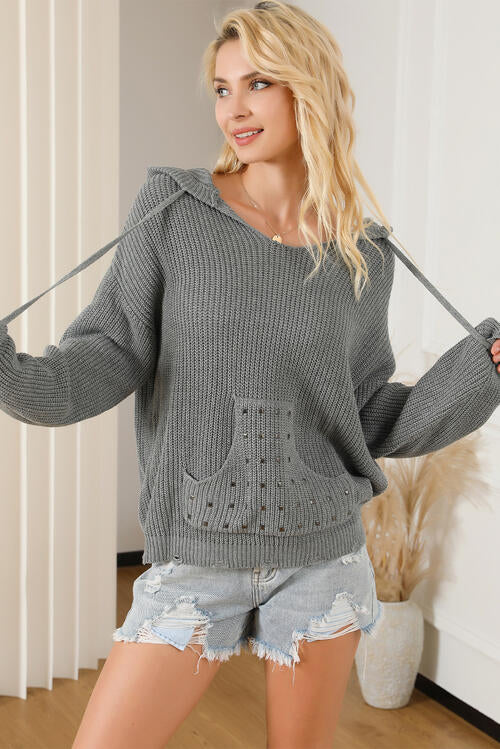 Rosy Brown Rivet Drawstring Hooded Long Sleeve Sweater