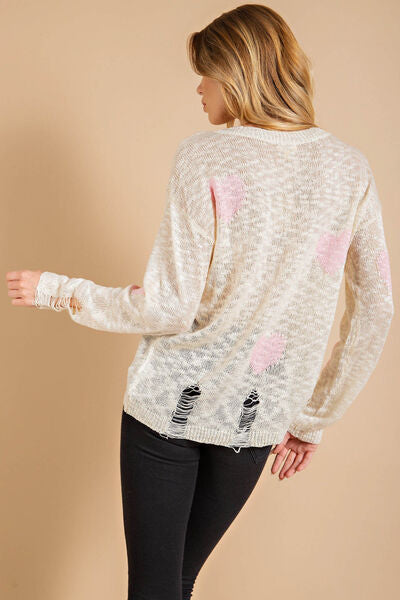 Tan Kori America Heart Pattern Distressed Sweater Sentient Beauty Fashions Apparel & Accessories