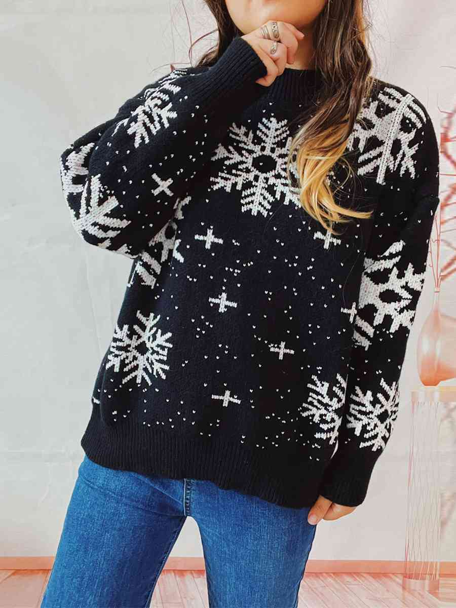 Dark Slate Gray Snowflake Pattern Dropped Shoulder Sweater