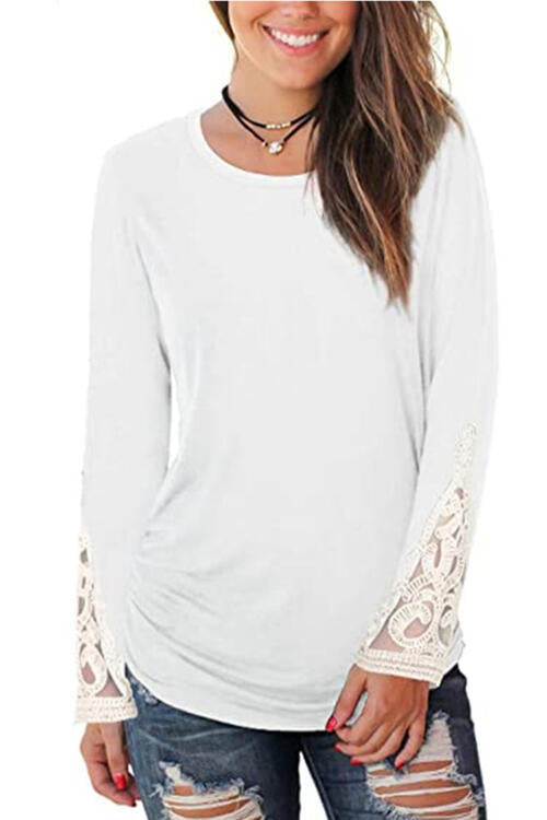 Antique White Lace Detail Long Sleeve Round Neck T-Shirt Sentient Beauty Fashions Apparel &amp; Accessories