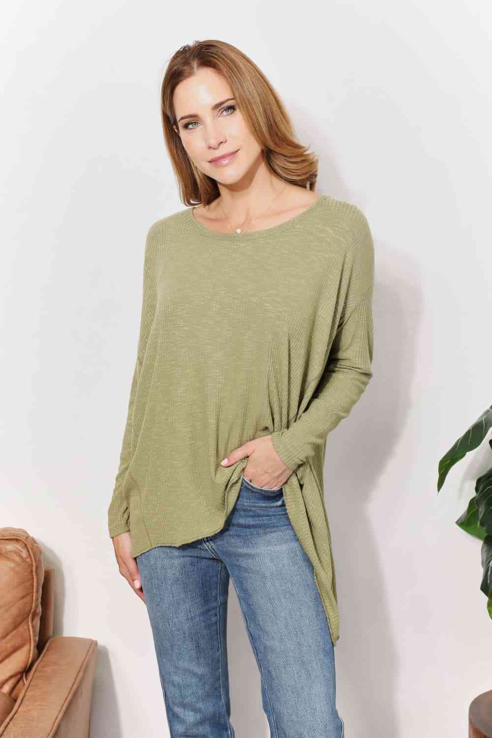 Light Gray HEYSON Full Size Oversized Super Soft Rib Layering Top with a Sharkbite Hem and Round Neck Sentient Beauty Fashions Apparel & Accessories