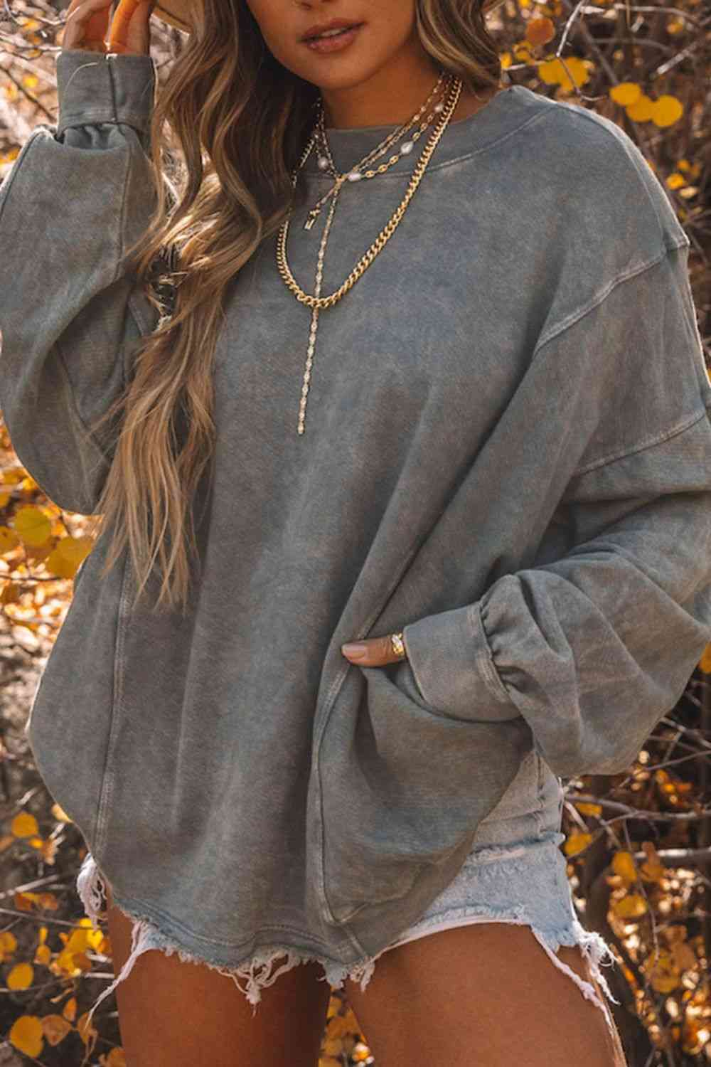 Dim Gray Twisted Plunge Neck Dropped Shoulder Sweatshirt Sentient Beauty Fashions Apparel &amp; Accessories