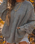 Dim Gray Twisted Plunge Neck Dropped Shoulder Sweatshirt Sentient Beauty Fashions Apparel & Accessories