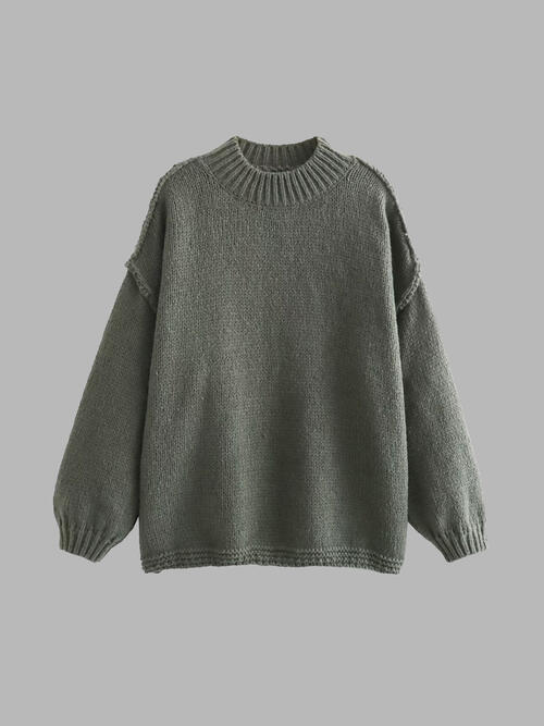 Dark Slate Gray Exposed Seam Round Neck Long Sleeve Sweater