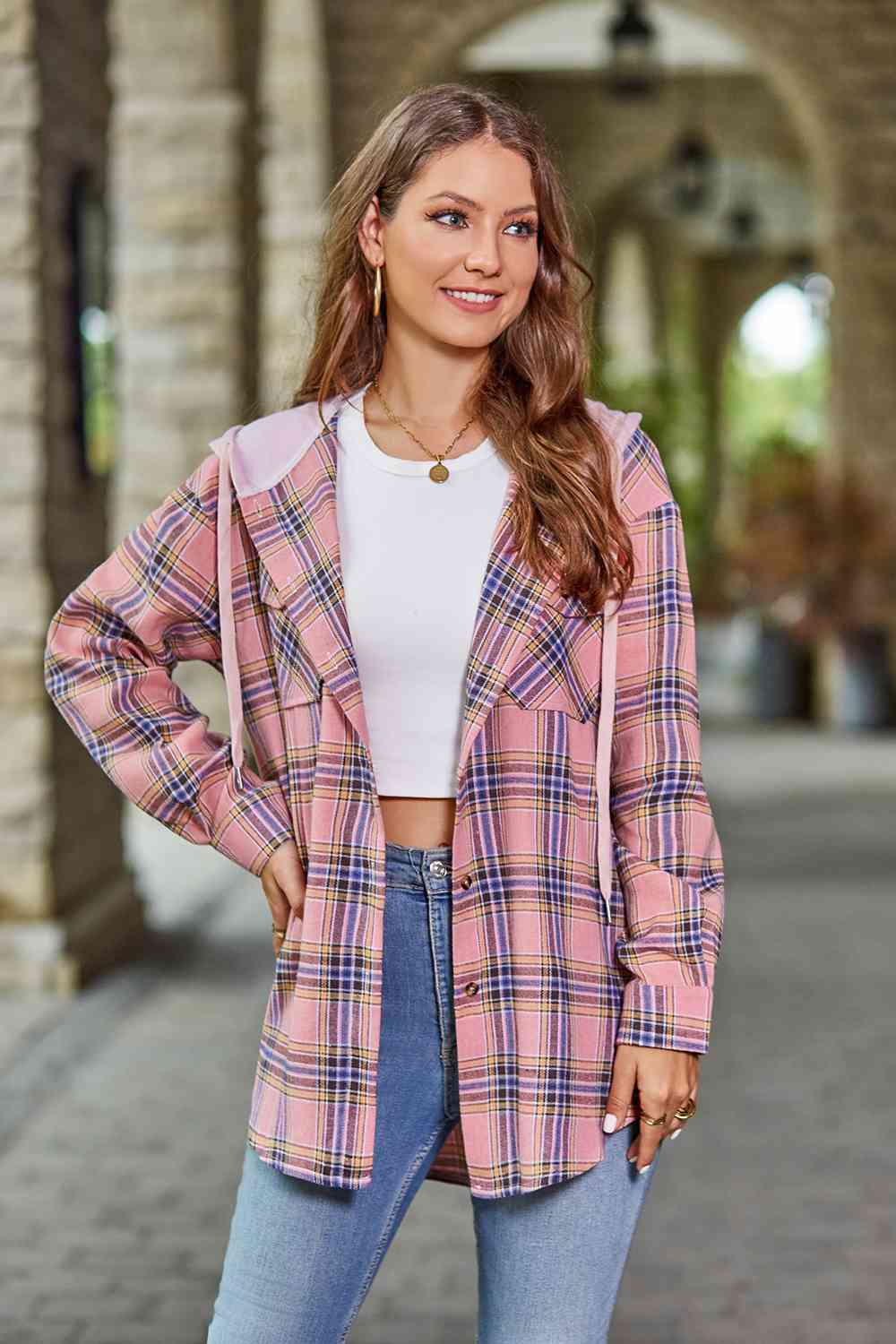 Dim Gray Plaid Long Sleeve Hooded Jacket Sentient Beauty Fashions Apparel & Accessories