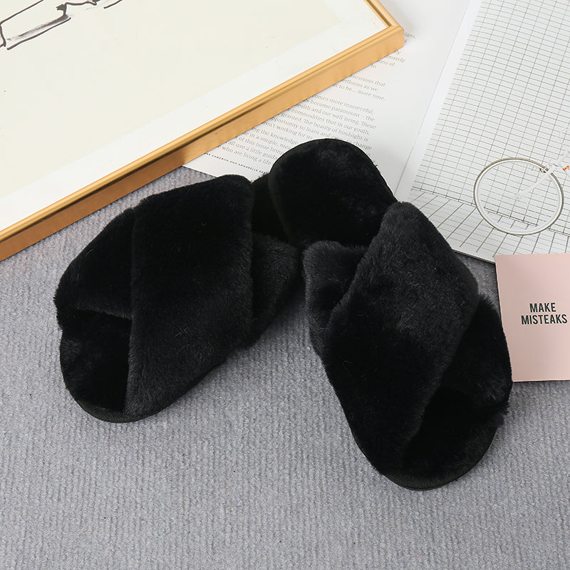 Gray Faux Fur Crisscross Strap Slippers Sentient Beauty Fashions slippers